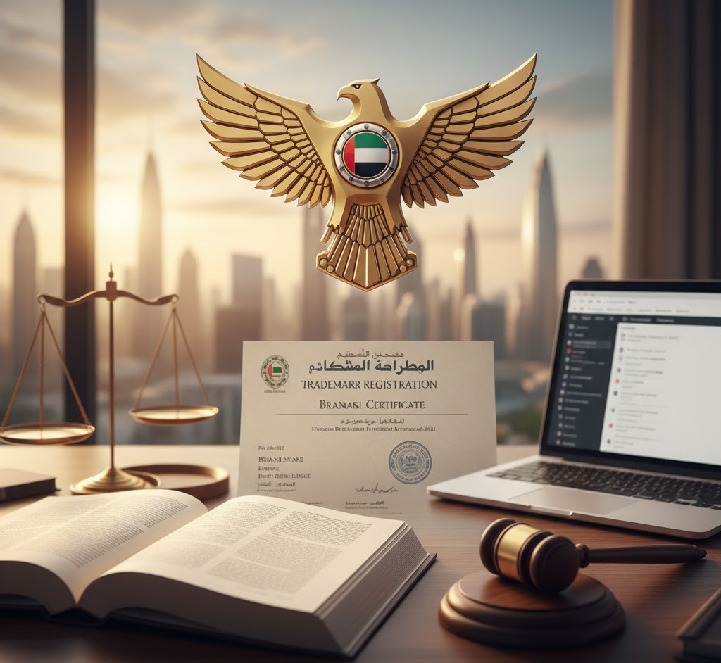 Trademark Registration in UAE- Certificate on a desk next to a laptop and the scales of justice. A large, golden national emblem (eagle with UAE flag shield) dominates the background against a futuristic city skyline, representing official government registration and brand protection.