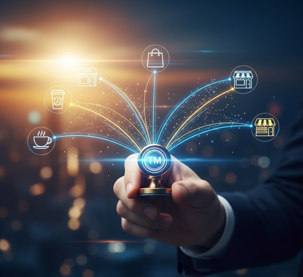 Trademark Amendments and Franchising - Close-up of a Cease & Desist Notice and a magnifying glass revealing a red 'X' over a confusingly similar logo, symbolizing brand infringement and trademark enforcement. A gavel and a graph showing a rise and fall are visible in the blurred background.