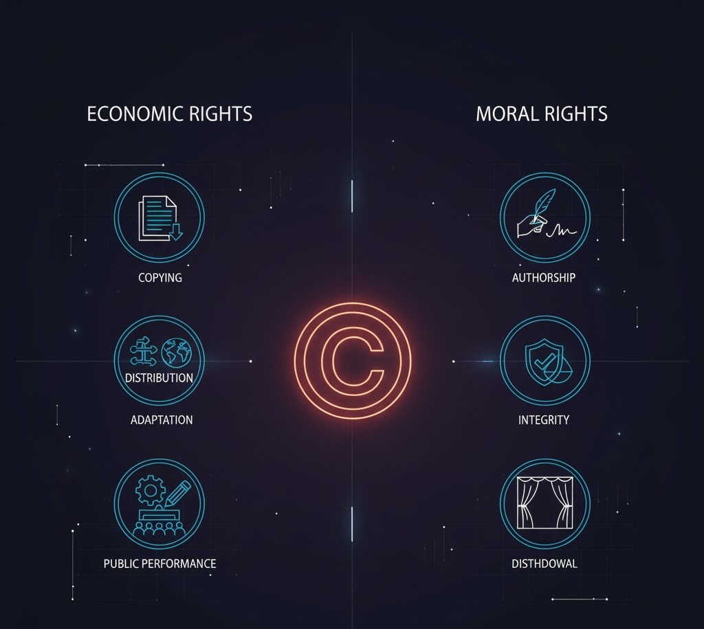 Copyright Registration in UAE - Glow-effect copyright shield protecting creative works (books, film reels, music notes, paintbrushes) in a modern office spotlight.