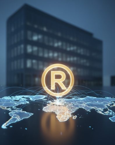Trademark Registration in UAE A glowing trademark symbol (™ or ®) over a digital world map with interconnected countries, representing international trademark registration under the Madrid Protocol. The image has futuristic blue and gold lighting and a polished business aesthetic.