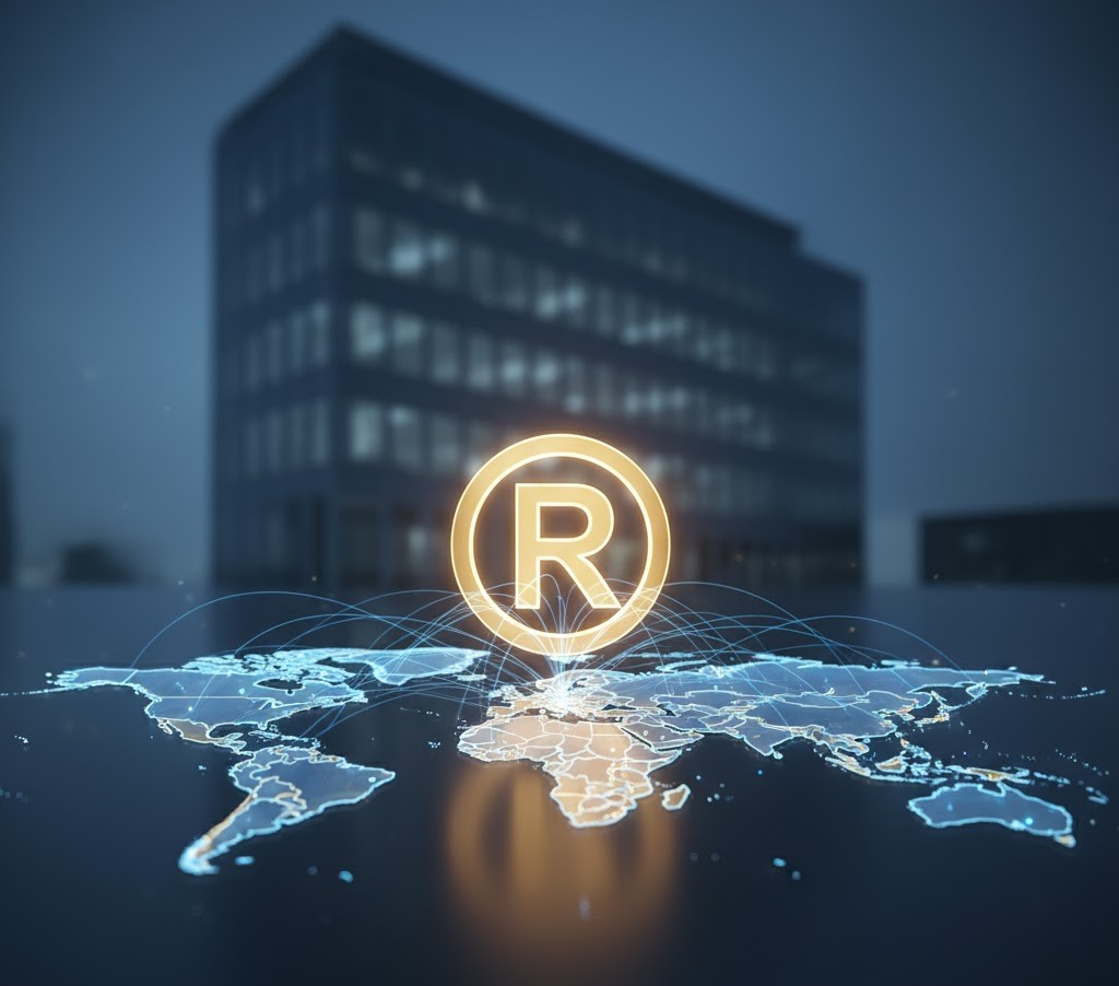 A glowing trademark symbol (™ or ®) over a digital world map with interconnected countries, representing international trademark registration under the Madrid Protocol. The image has futuristic blue and gold lighting and a polished business aesthetic.