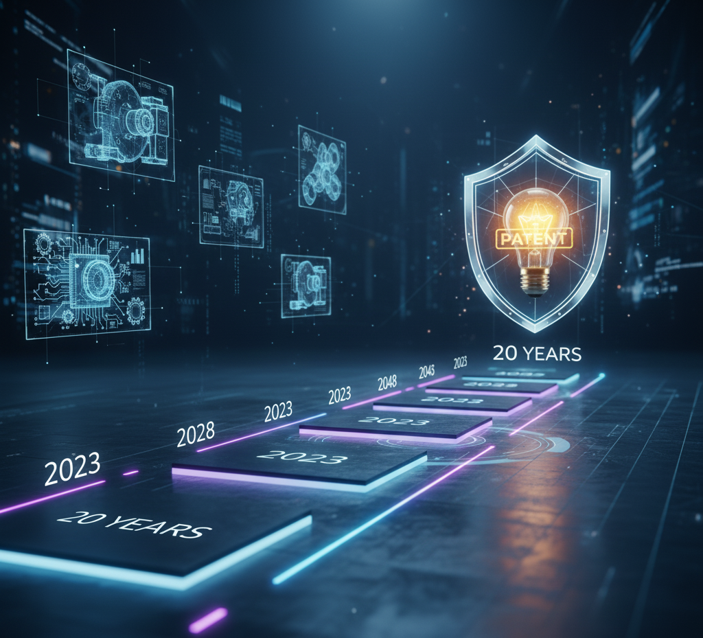 Patent Protection-Digital shield protecting a glowing lightbulb (innovation) surrounded by holographic technical drawings, blueprints, and patent documents.