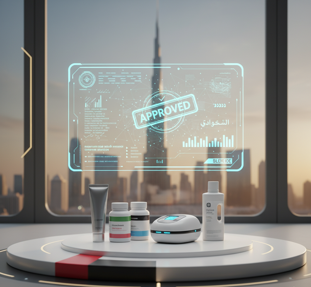 Product Registration in UAE - A futuristic 3D illustration shows an "Approved" holographic document floating above consumer products (cosmetics, supplements, medical device, detergent) against a glowing Dubai skyline with the Burj Khalifa, symbolizing UAE product registration and compliance.