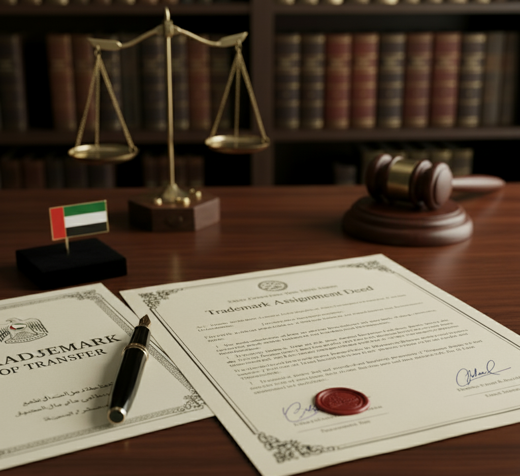 Close up of a signed 'Trademark Assignment Deed' and a 'Trademark Ownership Transfer' certificate on a wooden desk, featuring a wax seal, a fountain pen, a miniature UAE flag, scales of justice, and a judge's gavel against a background of legal books.