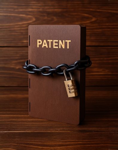 Patent Registration - A brown book labeled "PATENT" in gold lettering stands upright on a dark wooden surface, wrapped with a heavy black chain and secured by a combination padlock, symbolizing intellectual property protection.