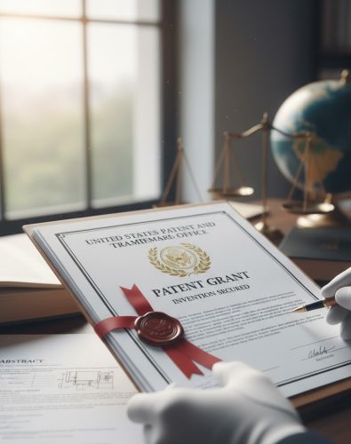 Patent Registration - A close-up image showing hands in white gloves signing a document titled "PATENT GRANT INVENTION SECURED" from the "UNITED STATES PATENT AND TRADEMARK OFFICE". The document is bound with a red ribbon and wax seal, and the background is a blurred office setting featuring a law book, a globe, and scales of justice.