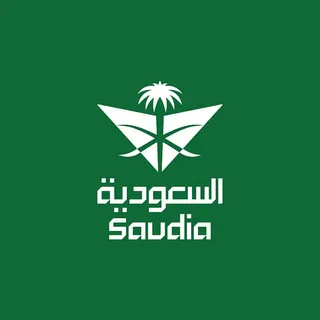 Trademark Registration in Saudi - The image shows the official logo for Saudia (formerly known as Saudi Arabian Airlines). Set against a solid forest green background, the logo includes: The Emblem: A stylized, white version of the Saudi national symbol—a palm tree sitting atop two crossed swords. The swords are designed with sharp, geometric angles that resemble wings or the tail of an aircraft. The Typography: Below the emblem, the word "السعودية" (Al-Saudia) is written in a modern Arabic script, followed by the name "Saudia" in a clean, blocky English typeface.