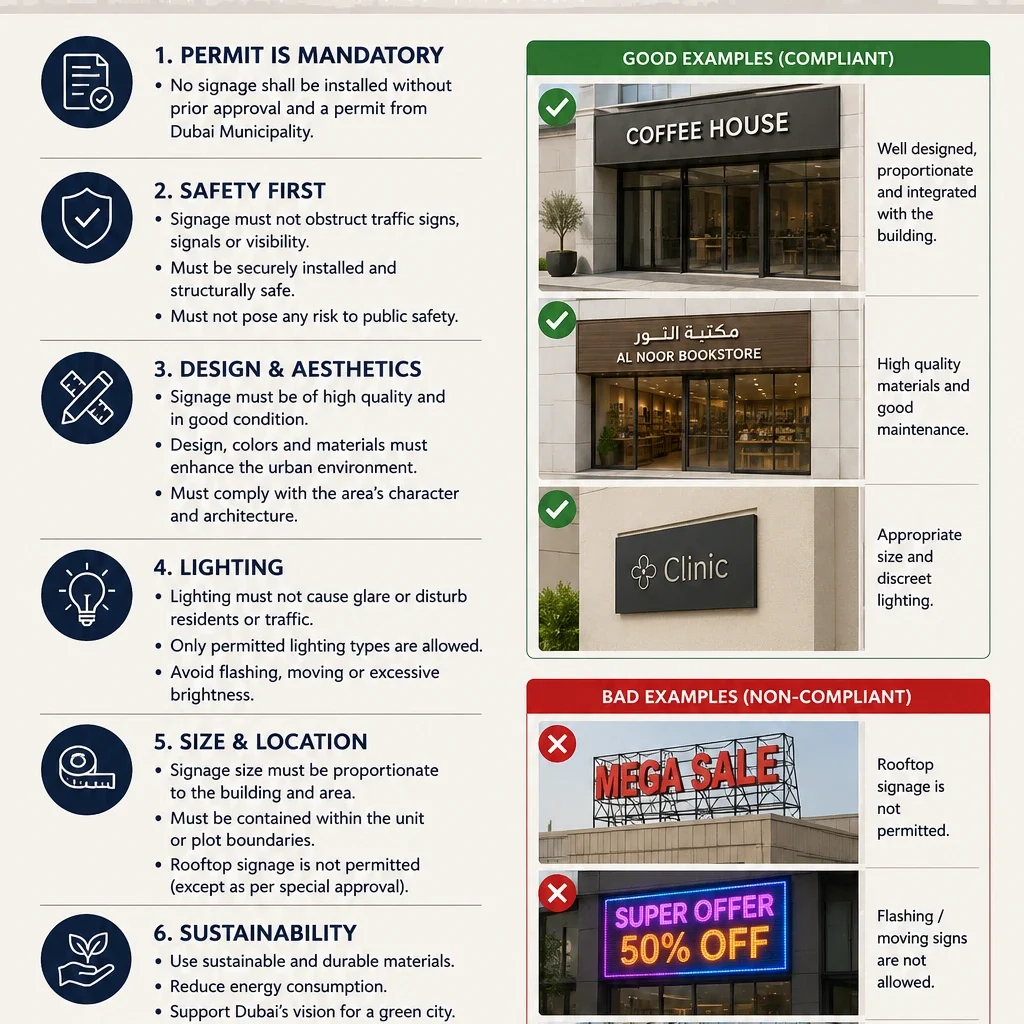 Dubai signage rules infographic poster showing official Dubai Municipality signage guidelines for commercial signs, including permit requirements, safety standards, design aesthetics, lighting regulations, size and location rules, sustainability practices, and maintenance requirements. The poster includes compliant storefront signage examples and non-compliant advertising signs such as rooftop billboards and flashing LED displays. Keywords: Dubai signage rules, Dubai Municipality signage regulations, UAE advertising guidelines, commercial signage compliance, shop sign regulations Dubai, outdoor advertising standards UAE.