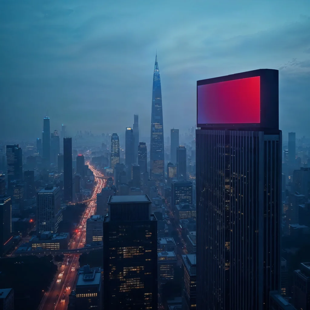 Dubai Signage Rules 10 Dubai skyline at dusk with illuminated high-rise buildings, a prominent digital billboard, and city traffic below — illustrating Dubai signage rules and outdoor advertising regulations.