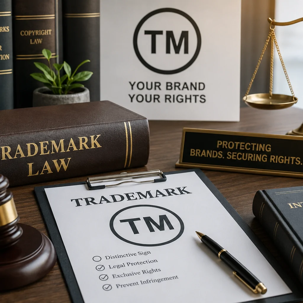 How to Register a Trademark in the UAE 1 How to register a trademark in the UAE, showing a trademark document, legal books, gavel, and scales of justice representing brand protection and intellectual property rights.
